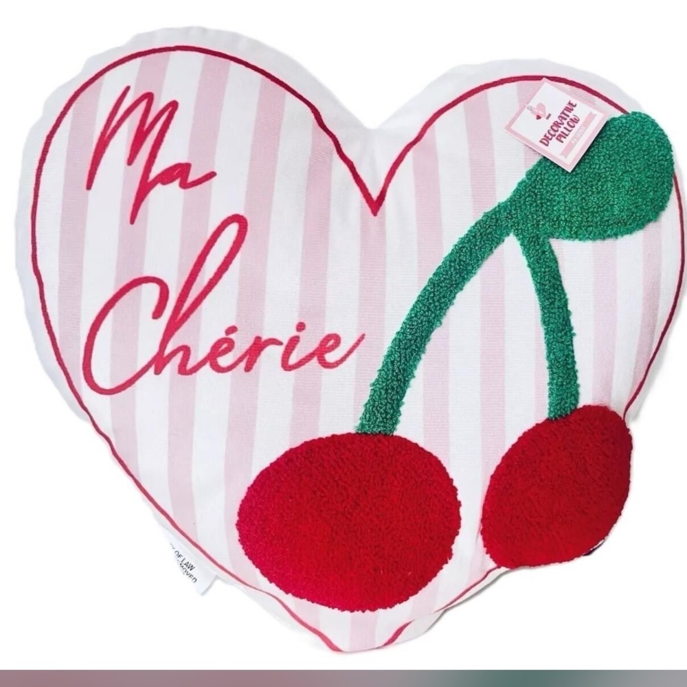 MaCherie Pink Heart Pillow with Red Cherries